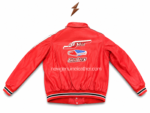 Racing leather jacket back view with large patch graphics, red leather body, and black-and-white striped waistband