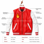 Red and white flame patch varsity leather jacket with ribbed striped cuffs, hem, collar, embroidered chest patch, and center zipper.