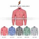 Oktoberfest lederhosen dress shirt with red gingham pattern, black buttons, structured collar and premium studio background