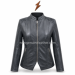Ribbed leather jacket front view with black stand collar, ribbed shoulder panels, front zipper and NGL