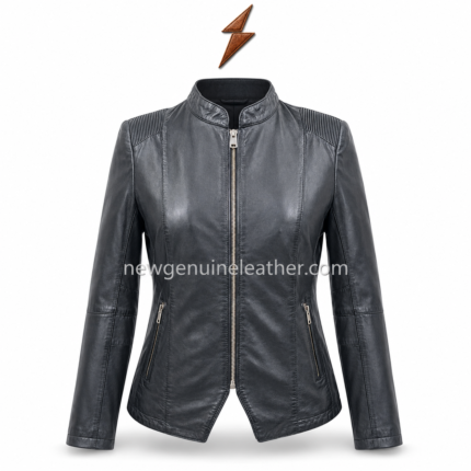 Ribbed leather jacket front view with black stand collar, ribbed shoulder panels, front zipper and NGL