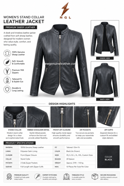 Ribbed leather jacket back view with central back seam, ribbed shoulder panels, long sleeves and centered watermark