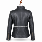 Ribbed leather jacket specs image with stand collar, front zip closure, side zip pockets and shoulder rib construction.