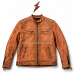 Back view of rider leather jacket with quilted upper back, center rear seam, elbow patches, zipper cuffs, adjustable hem tabs, and white