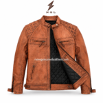 Product specs image of rider leather jacket showing stand collar, quilted shoulders, chest zip pockets, hand pockets, elbow patches, zipper cuffs, and cognac color swatch.