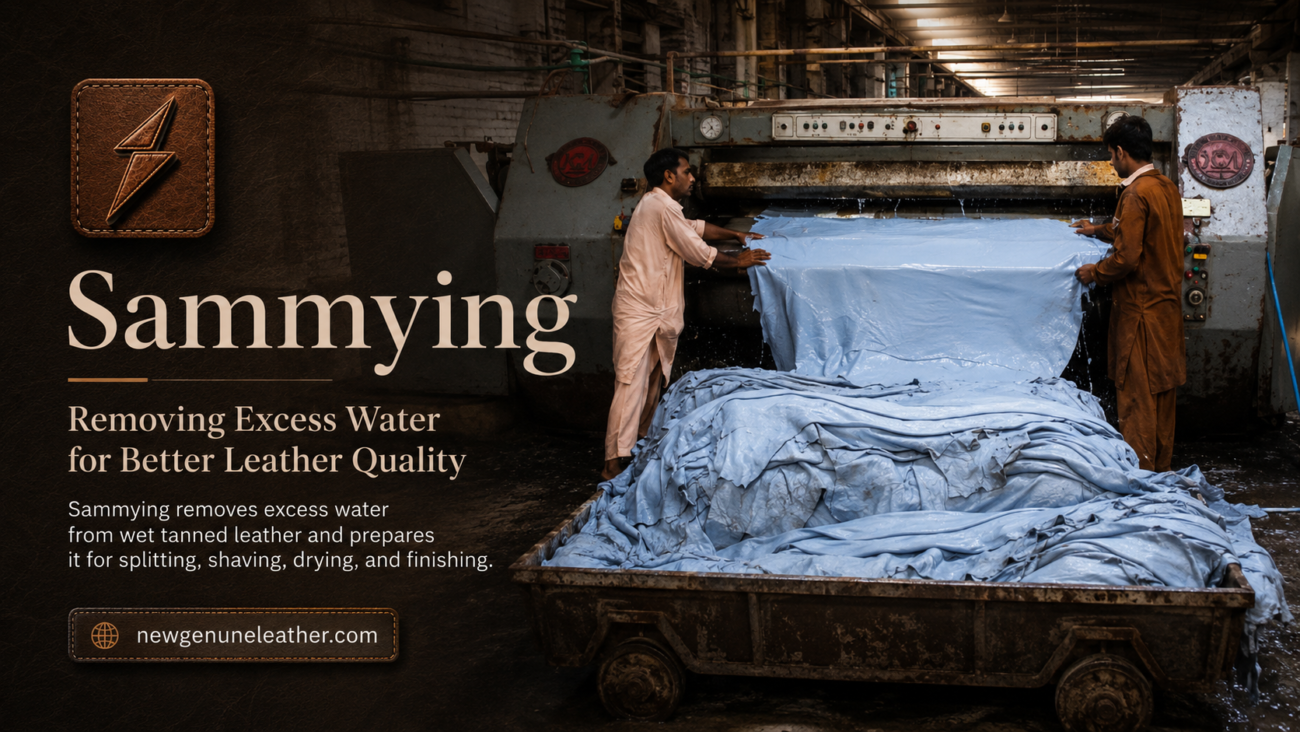 Wet leather hides passing through a sammying machine to remove excess water for premium leather processing at newgenuneleather.com
