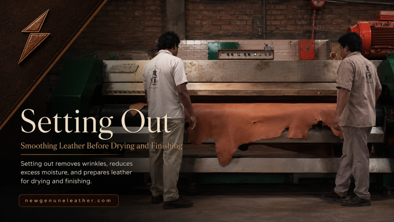 Wet leather hide passing through a setting-out machine to remove wrinkles and excess moisture for premium leather processing at newgenuneleather.com