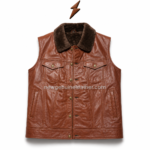 Olive green shearling leather vest with dark collar, brass buttons, side pockets, stitched panels, and leather outerwear styling