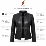 Sheep leather jacket front view with black stand collar, vertical stitched panels, full front zipper, side zip pockets and NGL