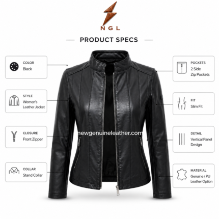 Sheep leather jacket front view with black stand collar, vertical stitched panels, full front zipper, side zip pockets and NGL
