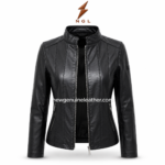 Sheep leather jacket inner view with open front zipper, black lining, stand collar and vertical front seam construction.