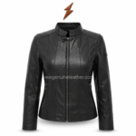 Sheep leather jacket back view with central back seam, shaped stitched panels, long sleeves