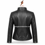 Sheep leather jacket specs image with stand collar, front zipper closure, side zip pockets and vertical panel design.