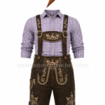 Purple check embroidered lederhosen back view with crossed suspenders and rear lace adjustment