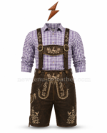 Purple check embroidered lederhosen back view with crossed suspenders and rear lace adjustment