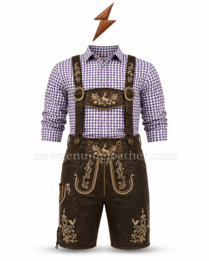 Purple check embroidered lederhosen back view with crossed suspenders and rear lace adjustment
