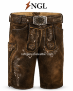 Belted embroidered lederhosen shorts colour range with antique brown dark brown tan and black options