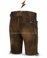 Distressed brown lederhosen shorts back view with rear pocket and side lace details