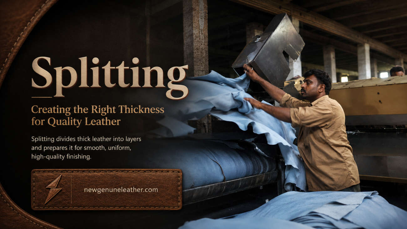 Leather hide passing through a splitting machine to create uniform thickness for premium leather processing at newgenuneleather.com