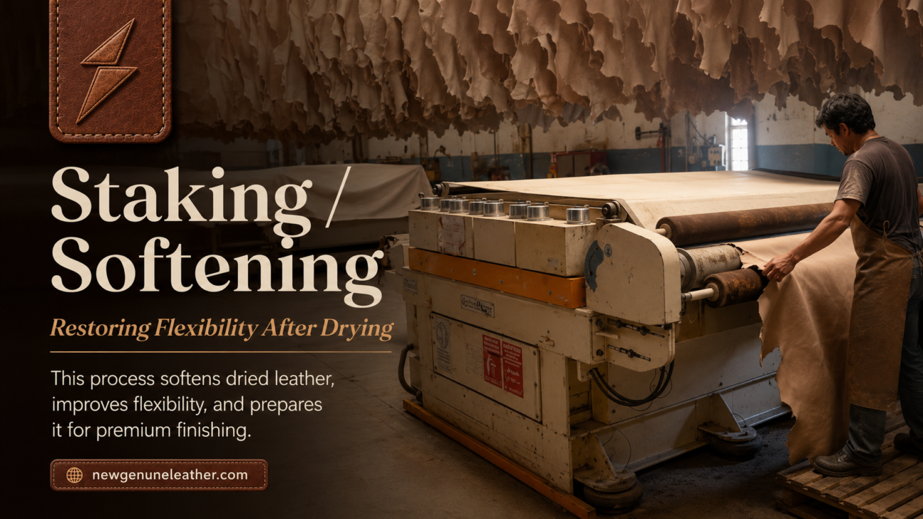 Dried leather being softened through a staking machine to improve flexibility and hand feel for premium leather processing at newgenuneleather.com