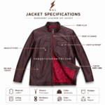 Burgundy stand collar leather jacket wholesale product image with red front zipper, chest flap pocket