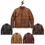 Vintage cow leather jacket wholesale with black quilted lining, open front zipper, and side hand pocket