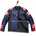 Patriotic racing leather jacket wholesale catalog image featuring stand collar, metal zippers, belt detail and color-block panels