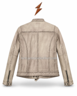 Stone biker jacket with light beige distressed leather, stand collar, black zipper, four zipper pockets, and curved front stitching.