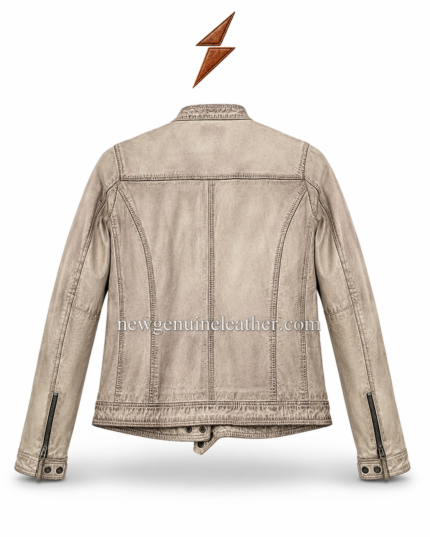 Stone biker jacket with light beige distressed leather, stand collar, black zipper, four zipper pockets, and curved front stitching.
