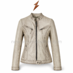 Stone biker jacket back pose with light beige distressed leather, vertical back panel seams, sleeve zipper cuffs