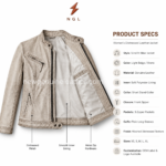 Stone biker jacket shown open with light inner lining, black zipper, stand collar, snap hem tab, and four zipper pocket layout.