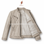 Stone biker jacket detail showing angled chest zipper pocket, washed beige leather texture, stand collar, and reinforced stitching.