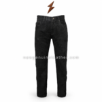 Black suede leather pants featuring classic five-pocket design, zip-fly closure, belt-loop waistband, matte leather texture, and clean stitching