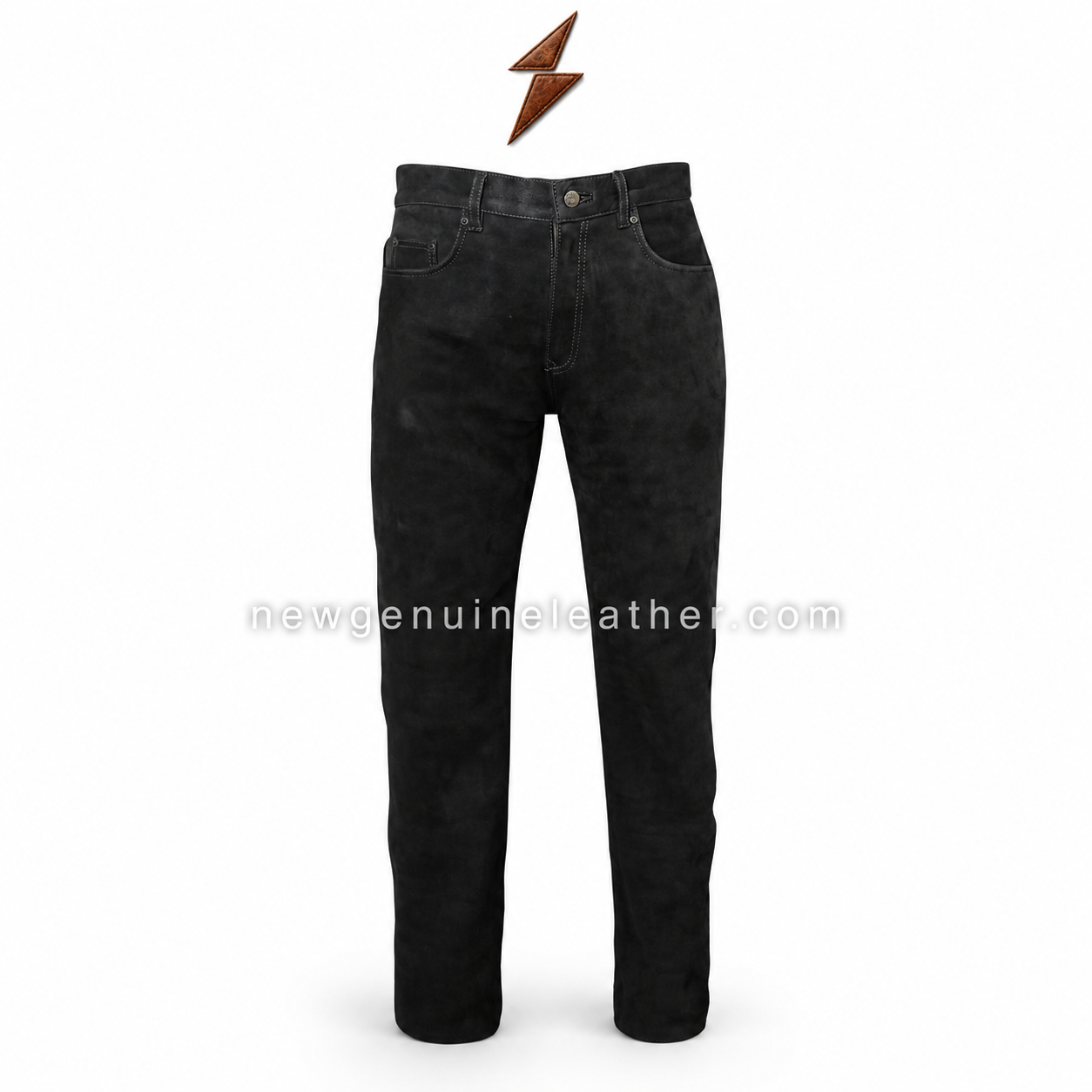Straight-Leg Black Leather Pants Black suede leather pants featuring classic five-pocket design, zip-fly closure, belt-loop waistband, matte leather texture, and clean stitching