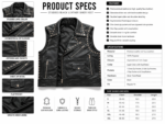 Stud vest featuring black leather-look finish, silver snap studs, asymmetrical zipper, flap pocket, and smooth lining
