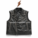 Stud vest on white background with black sleeveless body, silver zipper hardware, studded front