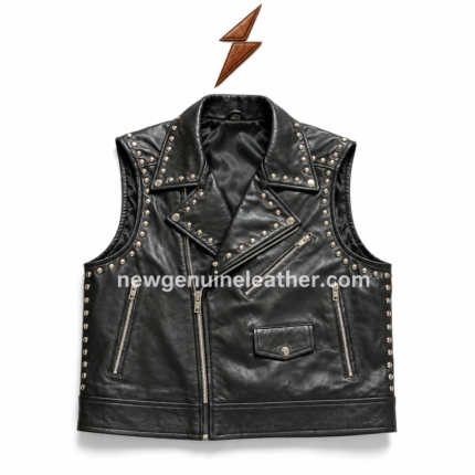 Stud vest on white background with black sleeveless body, silver zipper hardware, studded front