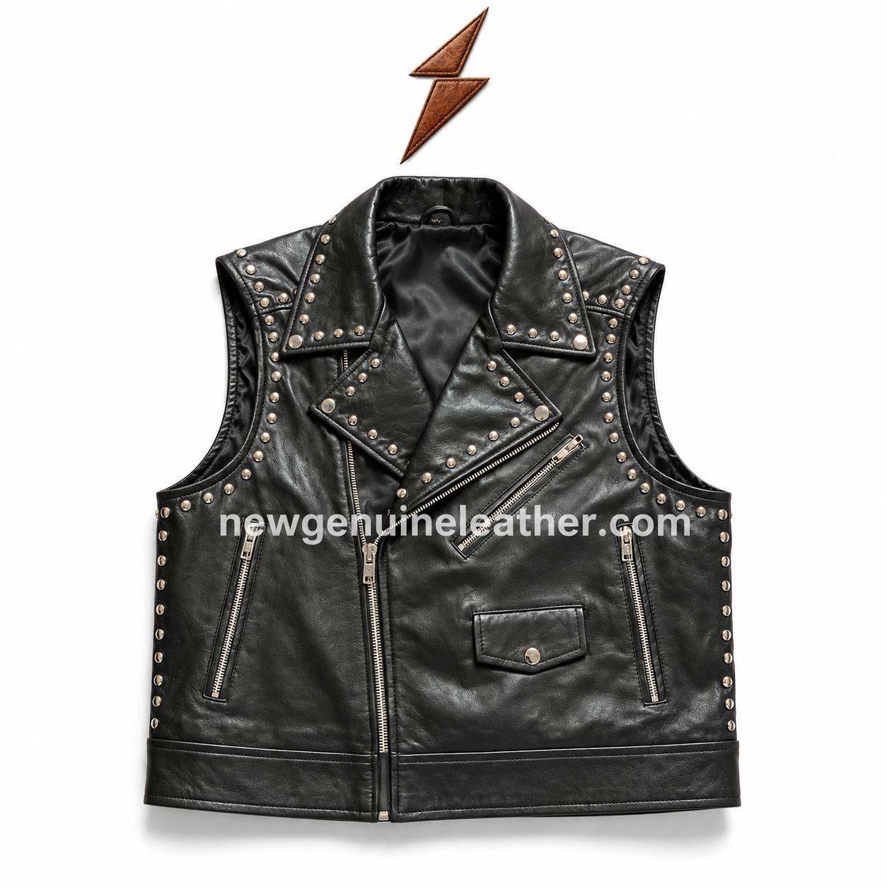 Stud Vest with Biker Lapel Collar Stud vest on white background with black sleeveless body, silver zipper hardware, studded front