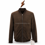 Suede bomber jacket in dark brown with soft matte finish, rib knit hem, rib cuffs, and centered