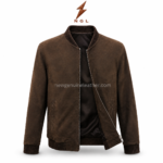 Back view of suede bomber jacket with plain brown back panel, rib knit collar, rib waistband, and clean sleeve seams.