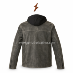 Suede leather jacket in distressed gray with black hood, snap storm collar, front zipper closure, vertical chest zip pocket, and NGL logo
