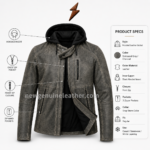 Suede leather jacket inner pose with open front zipper, black hooded insert, dark inner layer, gray distressed leather
