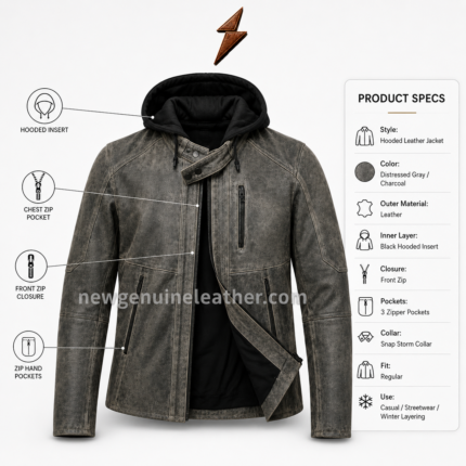 Suede leather jacket inner pose with open front zipper, black hooded insert, dark inner layer, gray distressed leather