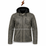 Back view of suede leather jacket with distressed gray rear panel, black hood, paneled shoulder seams, long sleeves,