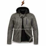Product specs image of suede leather jacket showing hooded insert, chest zip pocket, front zip closure, zip hand pockets, snap storm collar, and gray leather texture.