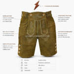NGL suede Oktoberfest lederhosen shorts with brown suede finish, rear pocket button detail, traditional embroidery, and newgenuineleather.com watermark