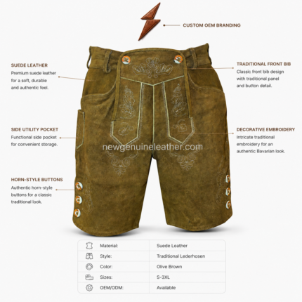 NGL suede Oktoberfest lederhosen shorts with brown suede finish, rear pocket button detail, traditional embroidery, and newgenuineleather.com watermark