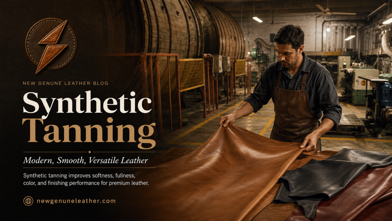 Synthetic-tanned leather being processed in a modern tannery to improve softness, color, fullness, and premium leather quality at newgenuneleather.com