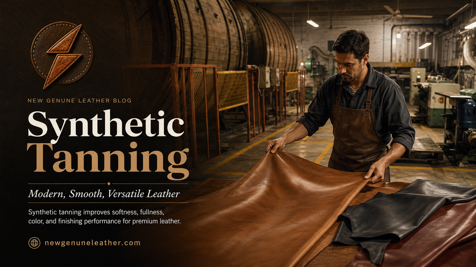 Synthetic-tanned leather being processed in a modern tannery to improve softness, color, fullness, and premium leather quality at newgenuneleather.com