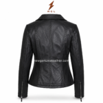 Women’s black leather jacket wholesale catalog image featuring silver front zipper, fitted waist and black leather